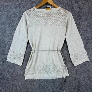 Vintage Joyce Tunic Sweater Womens S Metallic Silver Acrylic Crochet Knit Belted